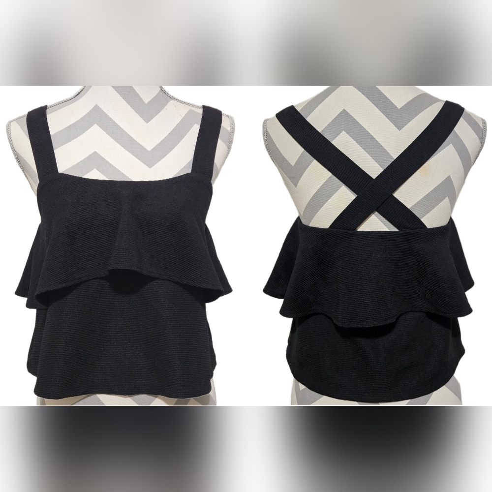Madewell Black Ruffle Tiered Tank Top Cross Back Straps Textured Size XS